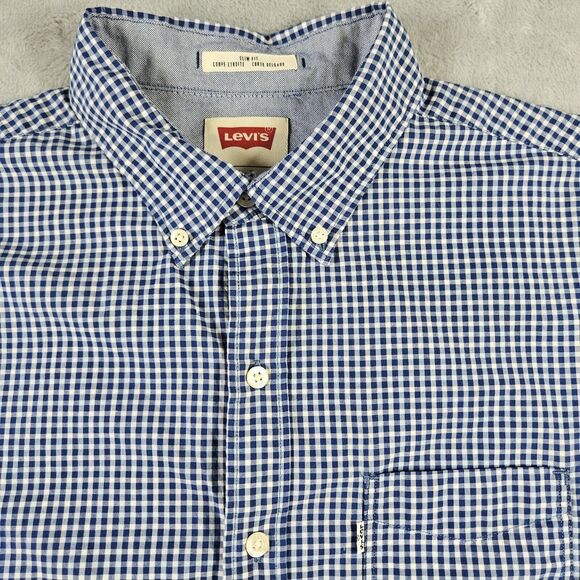 Levis Button Down Shirt Mens Large Slim Fit Blue Check Long Sleeve Pocket Office - Picture 3 of 10